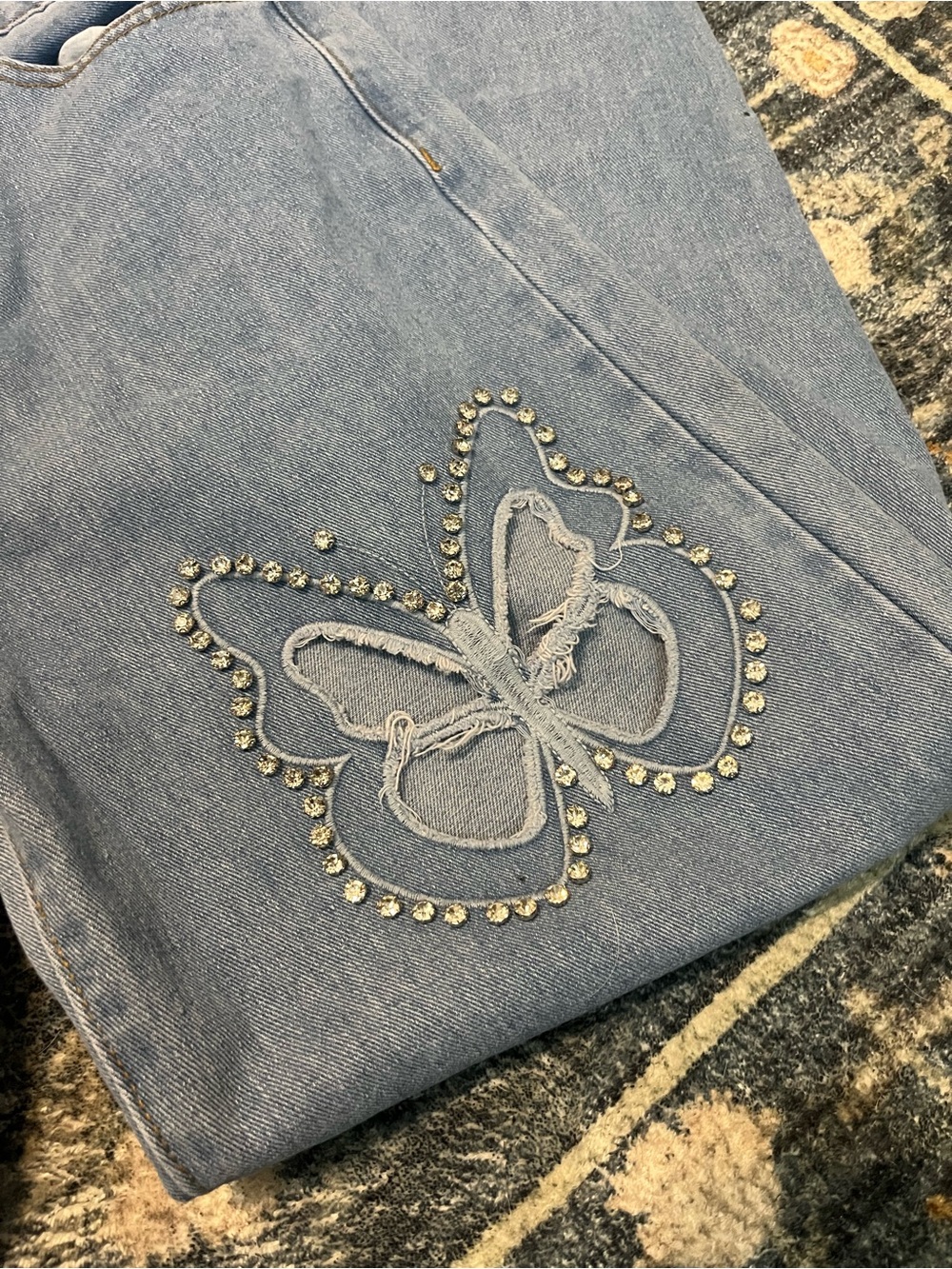 Light Blue Women's Butterfly Cutout Embellished Jeans - Picture 2 of 7